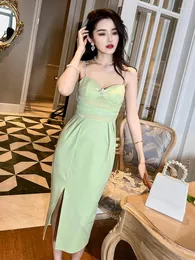 Casual Dresses Summer Women's Midi Dress Sweet Sexy Girly Green Tube Pearl Chain Strap Slip 3D Flower Slit Vestido Party Bottoming Robe