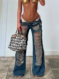 Women's Jeans TARUXY Summer Ripped For Women Lowrise Pants Y2k Streetwear Oversized Loose Wide Leg Low Waist Baggy Blue 2024