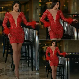 Deep V Neck Red 2020 Cocktail Dresses Long Sleeve Feather Veather Long Sleeve Dressal Dress Sexy Sexy Custom Made Party HomeComing Dr 251p