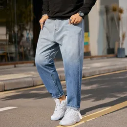 Plus Size Men's Blue Gradient Harlan Jeans Casual Loose Dad Cropped Pants Plus Fat Wide Leg Pants