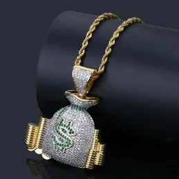US Money Bag Stack Cash Coins Pendant Halsband Guld Iced Out Bling Cubic Zircon Necklace Men Hip Hop Jewelry5600156