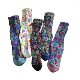 Women Socks 5 Par Korean Style Ethnic Print Mönster Autumn Winter Middle Tube Beskable Designer Sokken Vrouwen