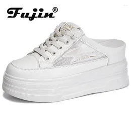 Slipare fujin 6cm luftnät ihålig äkta läder fritid andas sommarchunky sneakers blandad färg kvinnor plattform kil