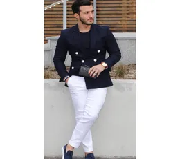 2017 Navy Blue DoubleBreated Men Suit Blazer Casual Blazer Man Man Smoking Giacca Custom Giacca Uomini 2PC Giacca Pants Bianco4195266