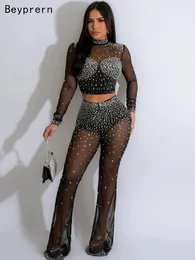 Beyprern Womens Black Sheer Mesh Rhinestone Crop Top And Wide Legs Pants Set Sparkle Crystal Tracksuit Birthday Outfit 240507
