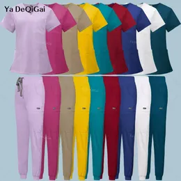 Multicolour Jogger Suits Doctor Nursing Uniforms Short Sleeve V-neck Tops Pocket Pants Nurse Scrubs Set Clinical Clothes 240504