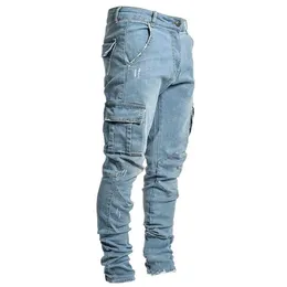 Hionable Streetwear Tear Tight Jeans Mens Side Pockets Denim Cargo Pants Ultra-Thin Fit Pantalones