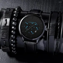 腕時計4PCSメンズシンプルなビジネスレスト3つのアイズデザイナーデジタルクォーツメッシュウォッチファッショントレンドレザーブレスレットセット