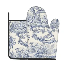 Handschuhe französische Toile de Jouy Marine Blue Motiv Wärmefeste Ofenhandschuhe und Topfhalter Set Ofenhandschuhe für Grillkochbacken