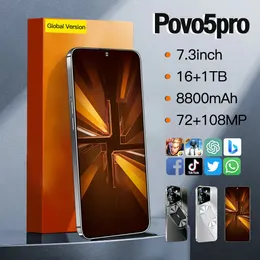 2024 POVO5PRO Android Smart Global Inglês Telefone de 7,3 polegadas 8800 mAh Suporte de bateria grande cartão de telefone dual Android 13 OTG Face Touch Desbloquear