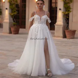 Civil Boho Gatsby Wedding Dresses 2024 Spaghetti Straps Plus Size Slits Bohemian Wedding Dress Gorgeous Backless A Line Tulle Bridal Dress Beach Vestios Novia Boda