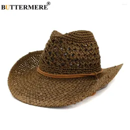 Boinas Boretmree Western Cowboy Hat Women Sun Cowgirl Chapéus de verão para homens Hollow Out Lady Straw Brown Beach Cap Panamá