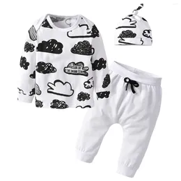 Set di abbigliamento da 0-24m per bambini set di abiti casual set di nuvole stampate a maniche lunghe pantaloni berretto a bordo molla primavera