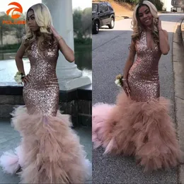 Vestido De Gala Sexy Black Girls Mermaid Pink Prom Dresses 2021 Sequined African Ruffled Train Long Formal Evening Party Gowns 2509