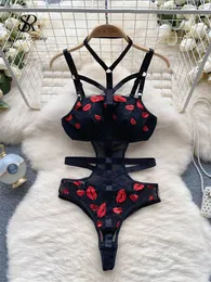 Singrainy spets camis mantel sexiga playsuits med ihålig gaussisk broderi smal passform öppen crotch kvinnor underkläder tätt passande kläder 240430