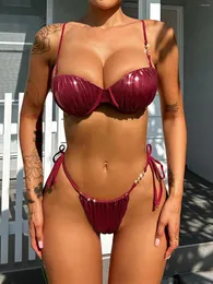 Frauen Badebekleidung sexy Push -up -Unterdraht Bikinis Sets Frauen 2024 glänzend Metallgurt Weinpolster Mikro Badeanzug Brasilianer Badeanzug Tanga