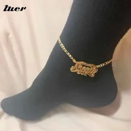 LUER Hip Hop Letter Anklet Name Personalized Custom Anklet Double Color Nameplate Pendant Figaro Chain Anklets Jewelry Gift 240508