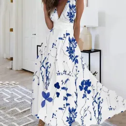 dress for woman vestidos Vestido dres Mujer Floral Print Plunging Dr Elegant Sleevel Maxi Dresses Womens Clothing womens c B8AL#