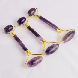 Natural Amethyst Massage Stone Geschnitzte Reiki Kristallheilung Gua Sha Schönheit Roller Gesichtsmassor Stick mit Legierung Goldplated7165212