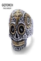 Real Solid 925 Sterling Silver Sugar Skull Rings for Men Anelli messicani Colore oro retrò croce Flower Punk Gioielli punk incisioni J012591015
