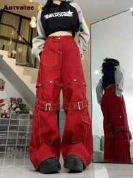 Aotvotee geniş bacak denim pantolon kadınlar için gündelik yüksek bel y2k bol kot pantolon moda vintage sokak kıyafeti hip hop chic 240423