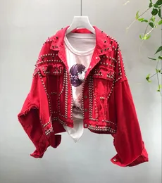 2018 Autumn Women039S Harajuku Red Denim Jacket Coat Heavy Hand Hand Proged Beaded Jeans Jeans Juels Students Coats Basic Out 9891147