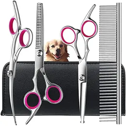 Hund Grooming Scissors Kit Safety Round Tips Pet Cat Shears Set tunnare rostfritt stål rak krökt kam 240508