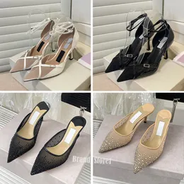 المصمم JC Women Sandal Luxury High-Heeled Shoes الكلاسيكية Rhinestone Net Net REAL LEATHY SUMMER FASHION