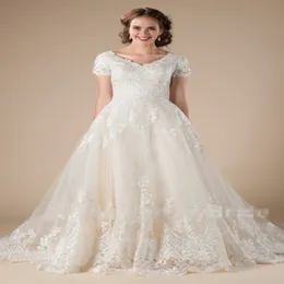 A-Line Lace Tulle Vintage Modest Wedding Dresses With Short Sleeves Appliques Formal Country Western LDS Wedding Dresses Temple Bridal 240C
