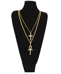 Ankh egiziano in argento oro con collana a croce set bling rinestone cistallo crash collane a croce hip hop set7465182