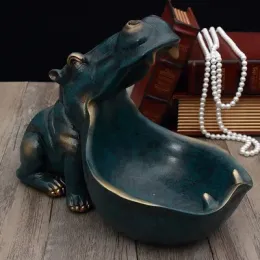 Sculptures Adorable Big Mouth Hippo Figurine As Key Box and Candy Bowl for Home Decoration Room Luxury Living Interior Accessories Modern