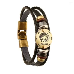 Charm Armband Creative Fashion 12 Zodiac Pisces Bronze Alloy Leather Armband Punk Beads For Women Men Multilayer Easy Buckles FS001-2