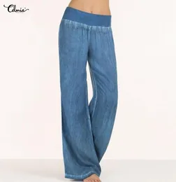 Celmia Women Denim szerokie nogi spodnie Elastyczne wysokiej talii Palazzo dżinsy niebieskie swobodne długie spodnie Pantalon 2020 Summer Plus Size Pants13042845