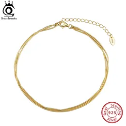 Orsa Jewels 925 STERLING Gümüş Üç Katmanlı Yılan Zinciri Kafa Kadınları için Ayarlanabilir Basit Ayak Ayak Bileği Kayışları Yaz Takı SA76 240508