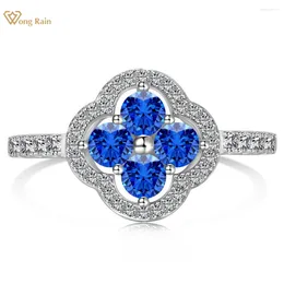 Clusterringe Wong Regen 18 Karat Gold plattiert 925 Sterling Silber Round Cut Labor Sapphire Edelstein Vierblätter Klee Ring für Frauen Juwelier Mädchen