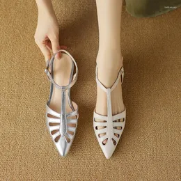 Casual Shoes Phoentin T-Strap Rome Sandals For Women 2024 Pointed Toe Narrow Bands Low Heels Hollow Design Summer Footwear FT3391