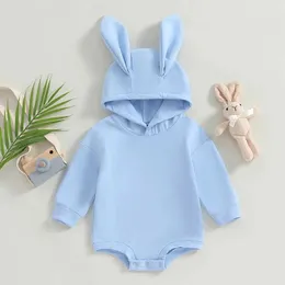 Rompers Easter Infant Baby Jumpsuit Clothingsolid Color Rabbit Ear Hood långärmad romper för barn pojkar flickor H240508