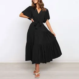 Casual Dresses Pet Up Flowy A-Line Midi Dress Women Summer Ruffle Boho Swing Party Cocktai V-Neck Solid Pleated Long