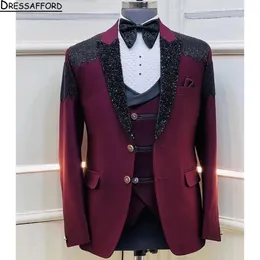 Burgundy Crystal Sequined Blazers Men Men Suits Fashion Banquet 2 Piece Business Jacket Bins