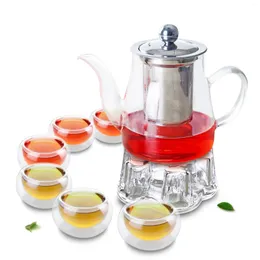 Teaware Sets Glass Flower Teapot W/ Stainless Steel Filter & Warmer 6PC Small Tea Cups