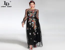 2019 Fashion Runway Maxi Kleid Frauen039s elegantes Langarm Tüll Gaze Blumenblumenstickerei Schwarzes Vintage Langes Kleid Y1904692675