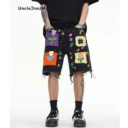 Graffiti shorts in jeans pathches fiore jorts uomini vibrazione stile baggy jorts streetwear y2k jeans for men 240428