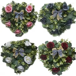 Kwiaty dekoracyjne vintage w kształcie serca sztuczny wieniec z kwiatem róży z zielenią liście lniana kraciasty na drzwi na drzwi domu ślub domowy