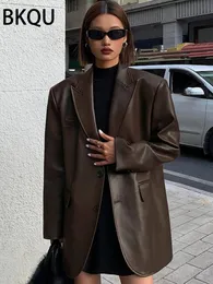 BKQU Vintage Brown Leather Loose Blazer Coat Women Casual Black Long Sleeve Flap Pockets Suit Jacket Oversized Streetwear 240423