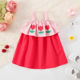 Vestidos de menina Doces de beleza vestido infantil Flor de verão Bordado Lotus borda pendurada coloração de contraste