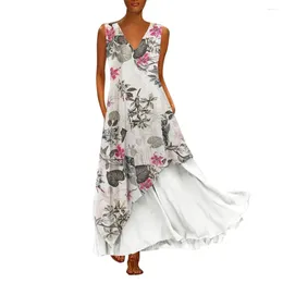 Sıradan Elbiseler Vintage Floral Baskı Bir Çizgi Sundress Kadınlar Kolsuz Düzensiz Ekleme Uzun Yaz V Boyun Plus Beden Maxi Elbise 5xl