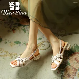 Lässige Schuhe Rizabina Real Leder Frauen Sandalen Square Zehenblumendekoration niedriger Absatz Slingback 2024 Sommer Eleganter Abschlussball Hochzeit