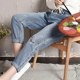 سراويل جينز جينز للسيدات سراويل الأب السائبة للنساء الصغيرة الخصر المرن غير الرسمي.