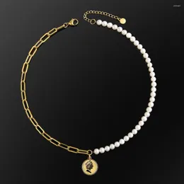 Choker Krkcカスタム6mm Dainty Pearl Goldメッキステンレス鋼製ペーパークリップチェーンクイーンペンダントネックレス