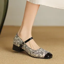 Casual Shoes Ethnic Vintage Patchwork Embroidered Mary Jane Women's Square Toe Buckle Strap 3cm Heels Dress Pumps Big Size 41 42